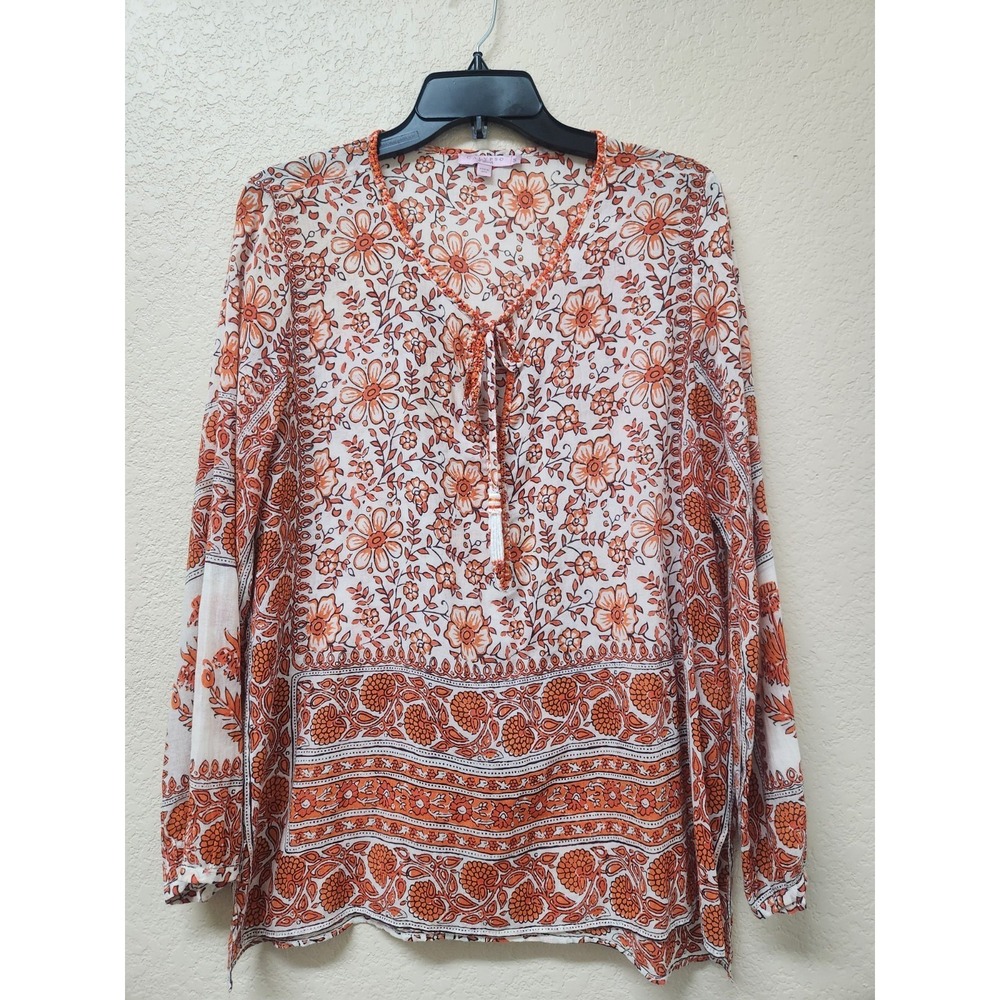 Calypso St Barth 100% Cotton Boho Floral Tunic Top S Orange Lightweight Women
